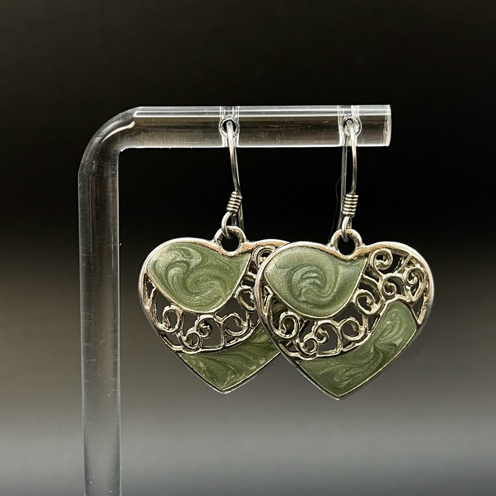 Vintage Heart Drop Earrings Women Green Swirl Enamel Filigree‎ Silver Tone Boho